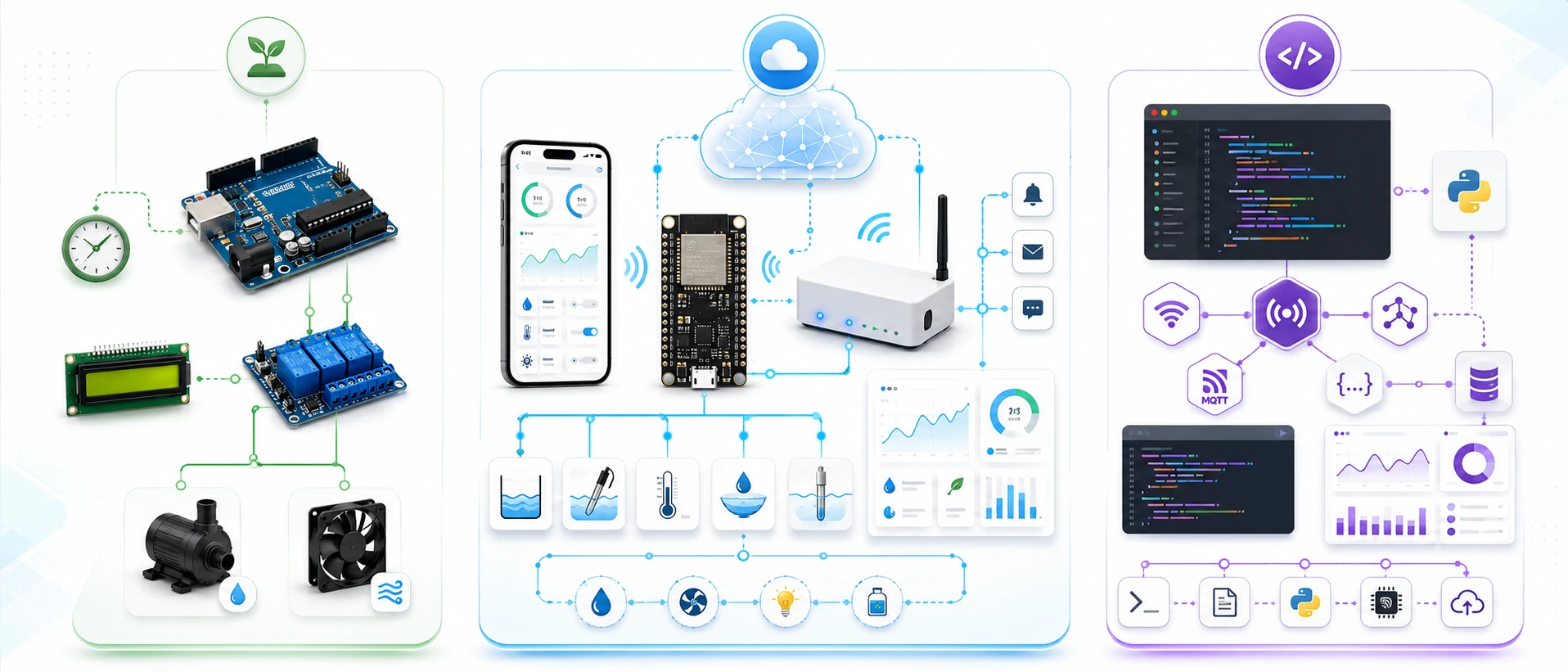 Three DIY hydroponics automation paths: offline Arduino, smart GEIA system and developer mode