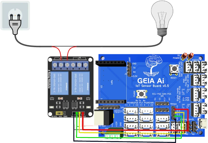 GEIA Board connected to two relays and a sample bulb