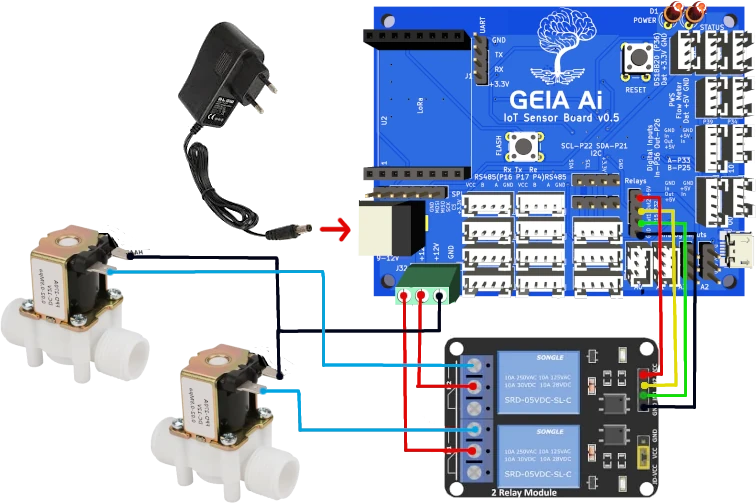 GEIA Board connected to two relays and a sample bulb