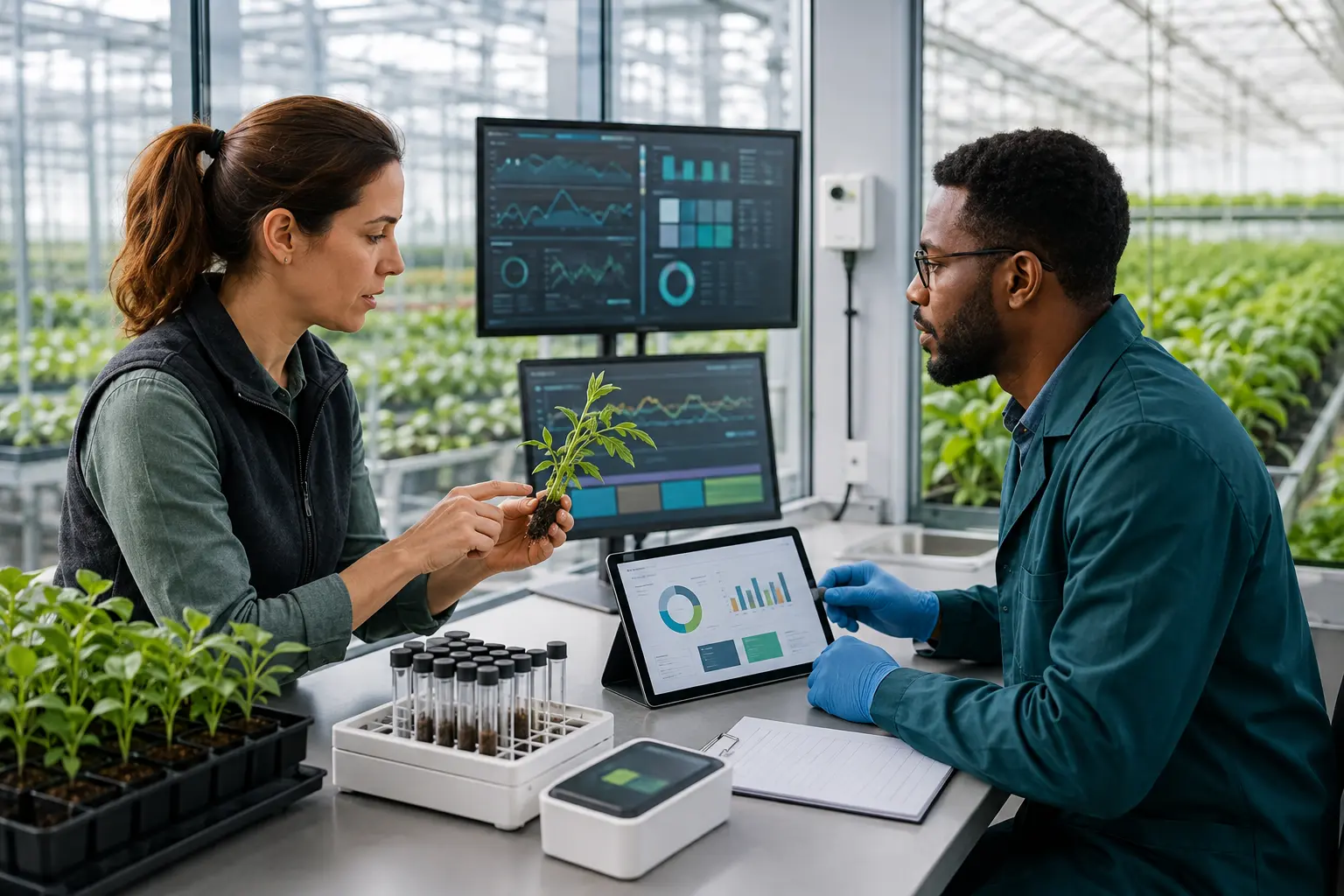 Crop expert and laboratory specialist reviewing plant health and agricultural data