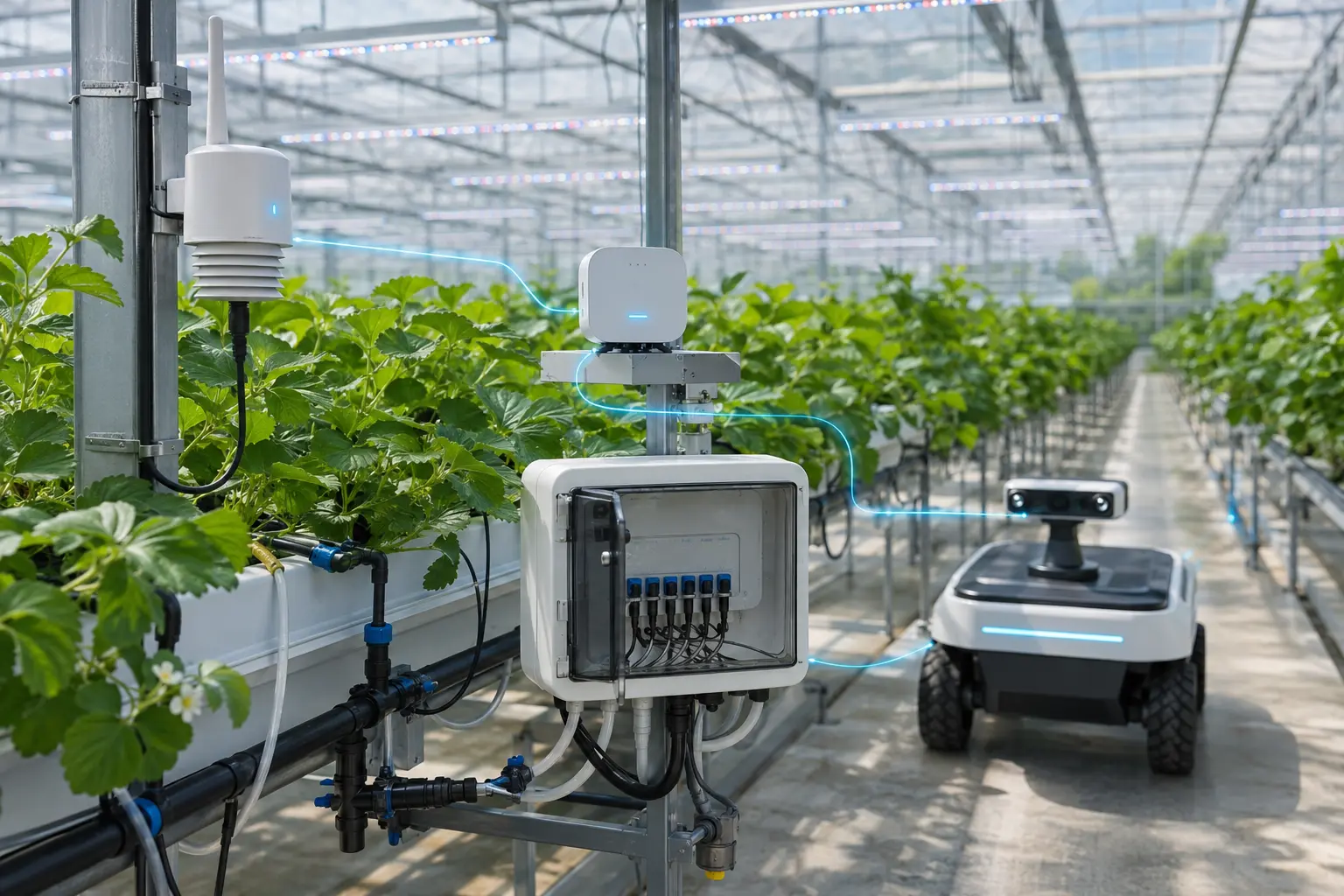 Connected sensors, irrigation controls and monitoring robot operating in a greenhouse