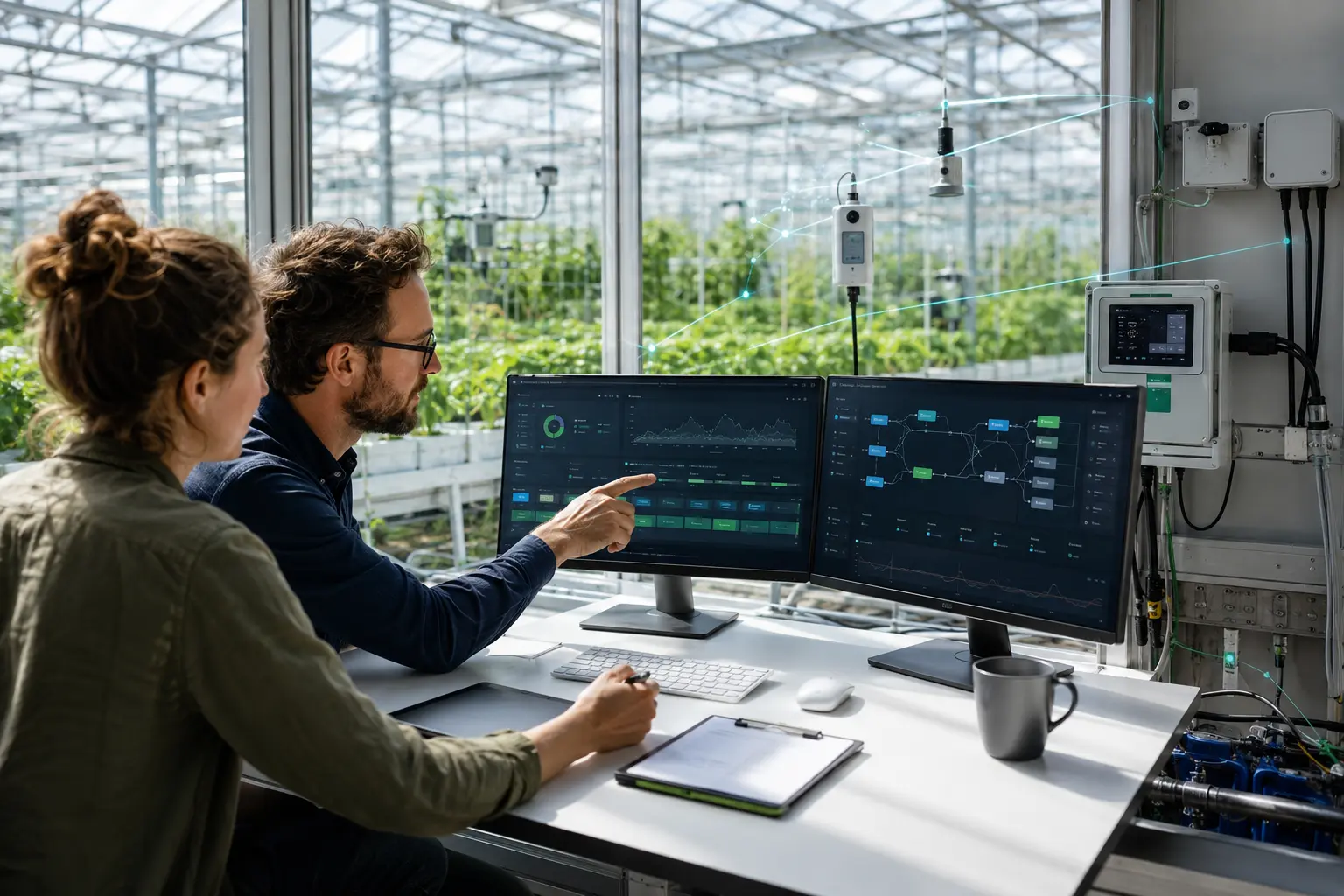 Developer and agricultural engineer reviewing greenhouse telemetry and automation workflows